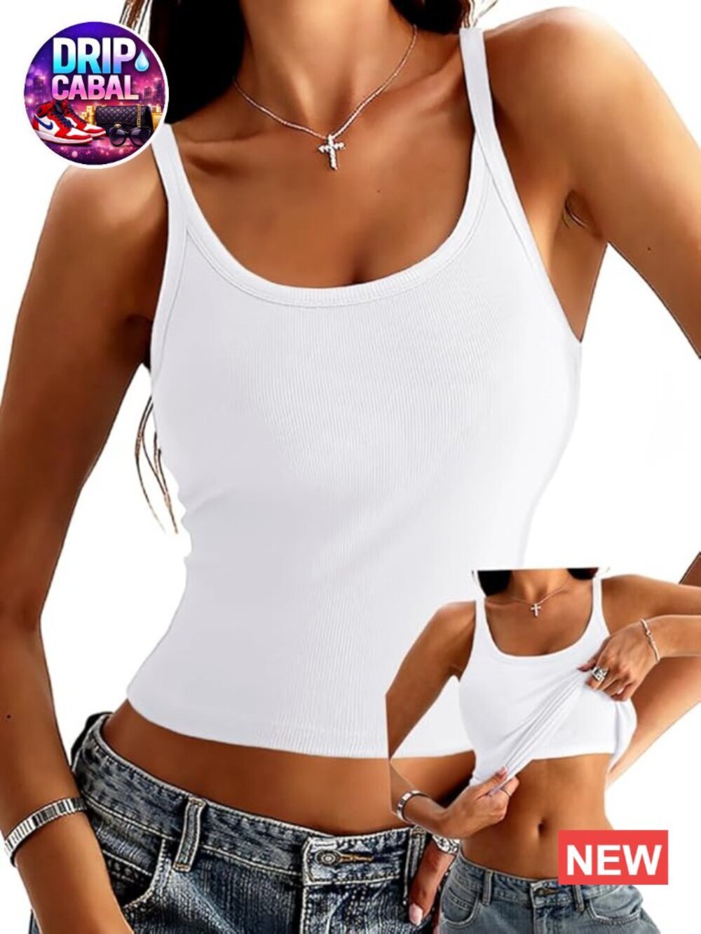 Tank Top with Built in Bra Scoop Neck Ribbed Fitted Knit Crop Halter Spaghetti